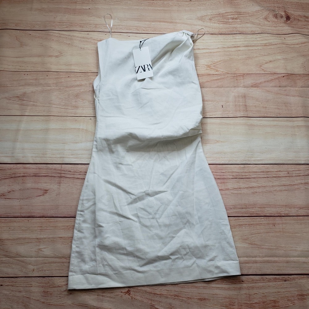 Zara‎ Dress Womens XS White Sheath Knee Length Square Neck Bow Stretch Formal